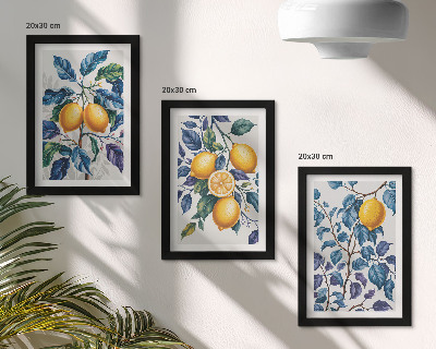 Conjunto de 3 quadros decorativos Limões em galhos com folhas azuis