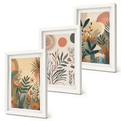 Tríptico com moldura com motivos vegetais em cores suaves e círculos