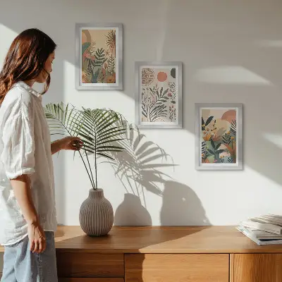Tríptico com moldura com motivos vegetais em cores suaves e círculos