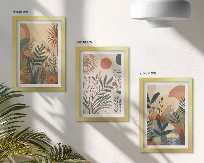 Tríptico com moldura com motivos vegetais em cores suaves e círculos