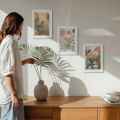 Tríptico com moldura com motivos vegetais em cores suaves e círculos