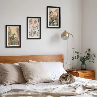 Tríptico com moldura com motivos vegetais em cores suaves e círculos