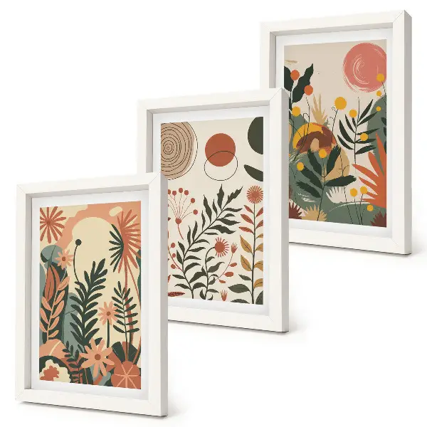 Conjunto de 3 quadros decorativos com estampas vintage de plantas em tons pastel