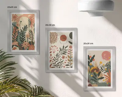 Conjunto de 3 quadros decorativos com estampas vintage de plantas em tons pastel