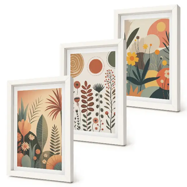 Conjunto de quadros com estampas de plantas em estilo boho com tons quentes e toque natural
