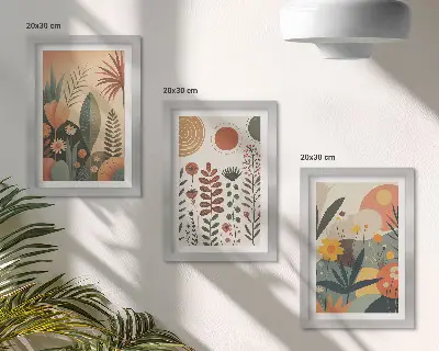 Conjunto de quadros com estampas de plantas em estilo boho com tons quentes e toque natural