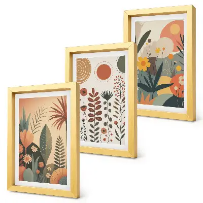 Conjunto de quadros com estampas de plantas em estilo boho com tons quentes e toque natural