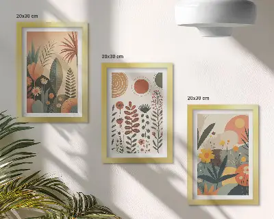 Conjunto de quadros com estampas de plantas em estilo boho com tons quentes e toque natural