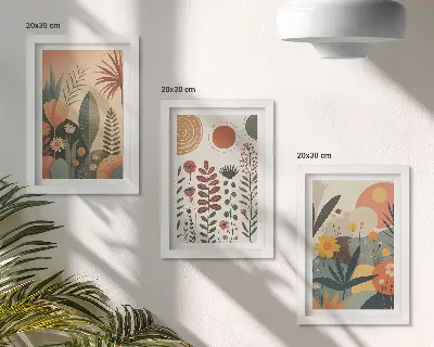 Conjunto de quadros com estampas de plantas em estilo boho com tons quentes e toque natural