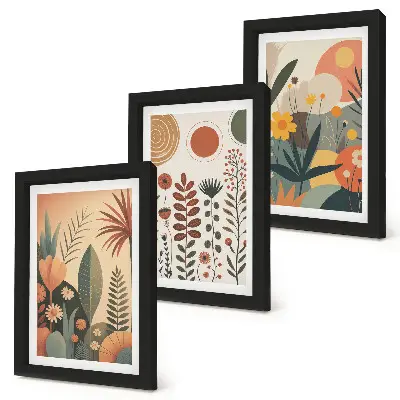 Conjunto de quadros com estampas de plantas em estilo boho com tons quentes e toque natural