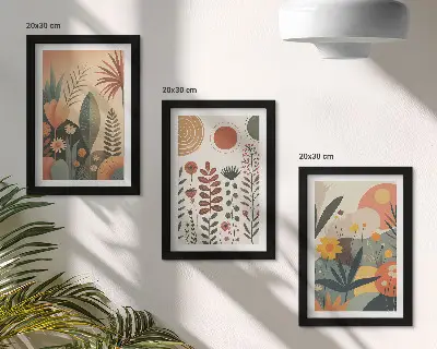 Conjunto de quadros com estampas de plantas em estilo boho com tons quentes e toque natural