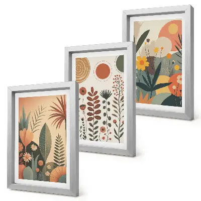 Conjunto de quadros com estampas de plantas em estilo boho com tons quentes e toque natural