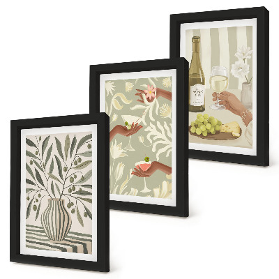 Conjunto de 3 quadros decorativos Flores de oliveira e coquetéis rústicos