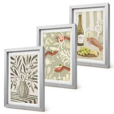 Conjunto de 3 quadros decorativos Flores de oliveira e coquetéis rústicos