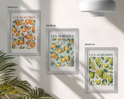 Tríptico com moldura Estampas cítricas frutadas em tons pastel