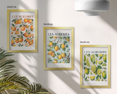 Tríptico com moldura Estampas cítricas frutadas em tons pastel