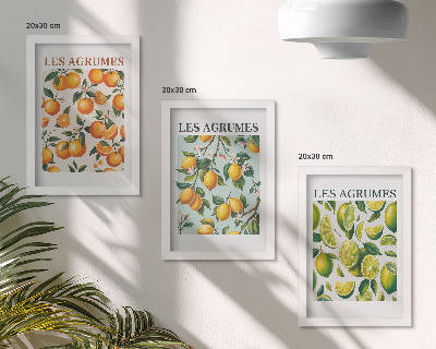 Tríptico com moldura Estampas cítricas frutadas em tons pastel