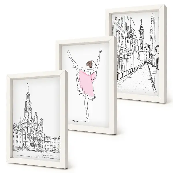 Conjunto de 3 quadros decorativos com imagens elegantes de bailarinas dançando e arquitetura