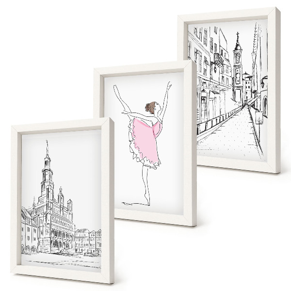Conjunto de 3 quadros decorativos Imagens elegantes de bailarinas dançando e arquitetura.