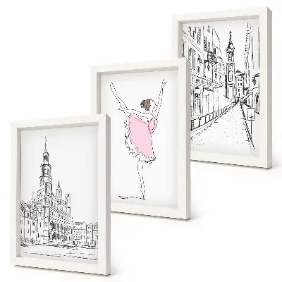Conjunto de 3 quadros decorativos com imagens elegantes de bailarinas dançando e arquitetura
