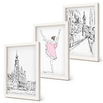 Conjunto de 3 quadros decorativos Imagens elegantes de bailarinas dançando e arquitetura.