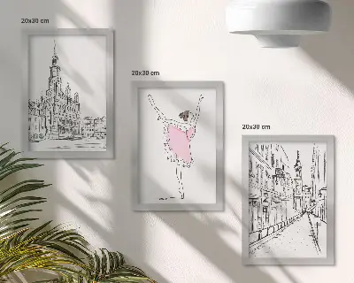 Conjunto de 3 quadros decorativos com imagens elegantes de bailarinas dançando e arquitetura