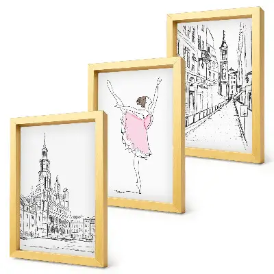 Conjunto de 3 quadros decorativos com imagens elegantes de bailarinas dançando e arquitetura