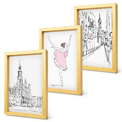Conjunto de 3 quadros decorativos Imagens elegantes de bailarinas dançando e arquitetura.