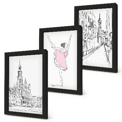 Conjunto de 3 quadros decorativos com imagens elegantes de bailarinas dançando e arquitetura