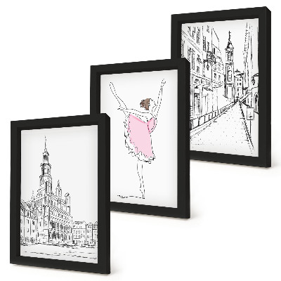 Conjunto de 3 quadros decorativos Imagens elegantes de bailarinas dançando e arquitetura.