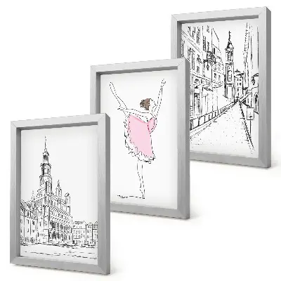 Conjunto de 3 quadros decorativos com imagens elegantes de bailarinas dançando e arquitetura