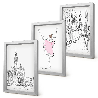Conjunto de 3 quadros decorativos Imagens elegantes de bailarinas dançando e arquitetura.