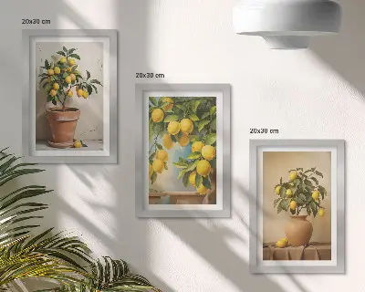 Conjunto de 3 quadros decorativos com estampas de limoeiros em vasos e floreiras