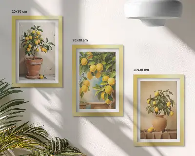 Conjunto de 3 quadros decorativos com estampas de limoeiros em vasos e floreiras