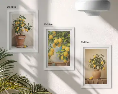 Conjunto de 3 quadros decorativos com estampas de limoeiros em vasos e floreiras