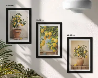 Conjunto de 3 quadros decorativos com estampas de limoeiros em vasos e floreiras