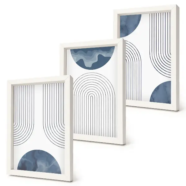 Conjunto de 3 quadros decorativos com padrões abstratos em tons de azul e branco