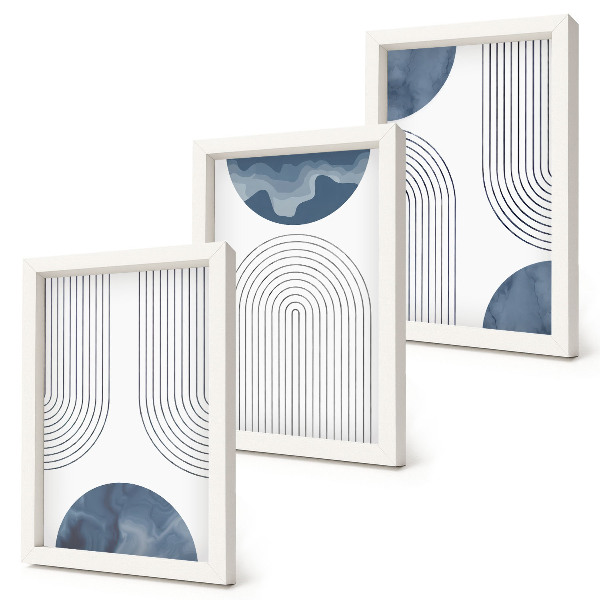 Conjunto de 3 quadros decorativos Padrões abstratos em tons de azul e branco.