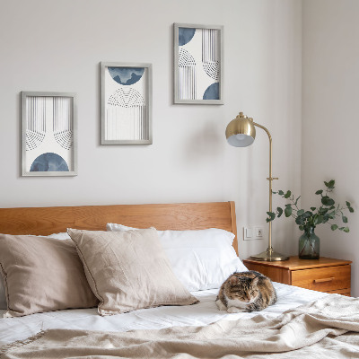 Conjunto de 3 quadros decorativos Padrões abstratos em tons de azul e branco.