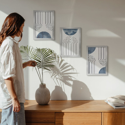 Conjunto de 3 quadros decorativos Padrões abstratos em tons de azul e branco.