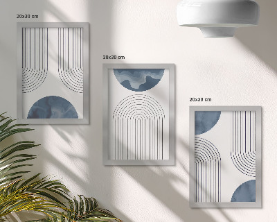 Conjunto de 3 quadros decorativos Padrões abstratos em tons de azul e branco.