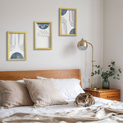 Conjunto de 3 quadros decorativos Padrões abstratos em tons de azul e branco.