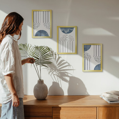 Conjunto de 3 quadros decorativos Padrões abstratos em tons de azul e branco.