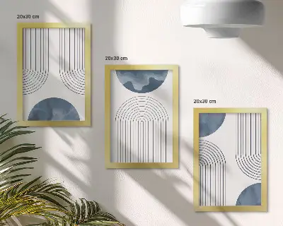 Conjunto de 3 quadros decorativos com padrões abstratos em tons de azul e branco
