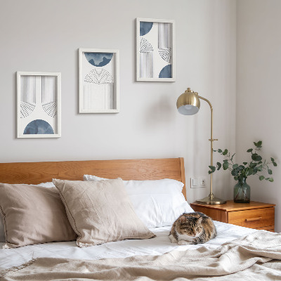 Conjunto de 3 quadros decorativos Padrões abstratos em tons de azul e branco.