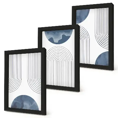 Conjunto de 3 quadros decorativos com padrões abstratos em tons de azul e branco