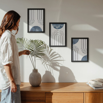 Conjunto de 3 quadros decorativos Padrões abstratos em tons de azul e branco.