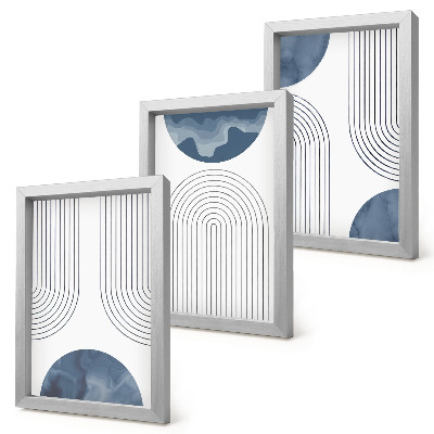 Conjunto de 3 quadros decorativos Padrões abstratos em tons de azul e branco.