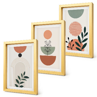 Tríptico com moldura Motivos vegetais em formas e cores modernas.