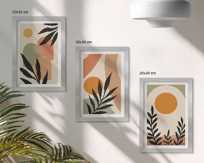 Conjunto de 3 quadros decorativos Formas abstratas e motivos vegetais em cores quentes.
